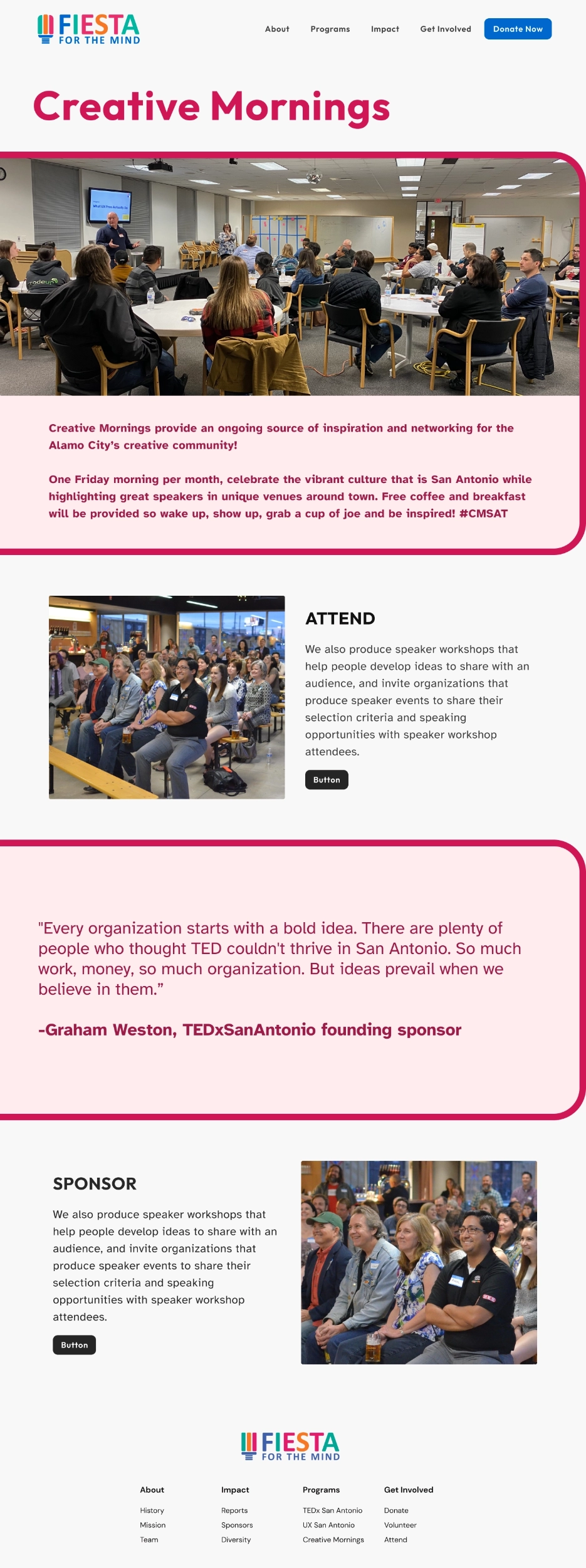 Creative Mornings page mockup, with a hero section describing the event along with details on how to attend or to sponsor.